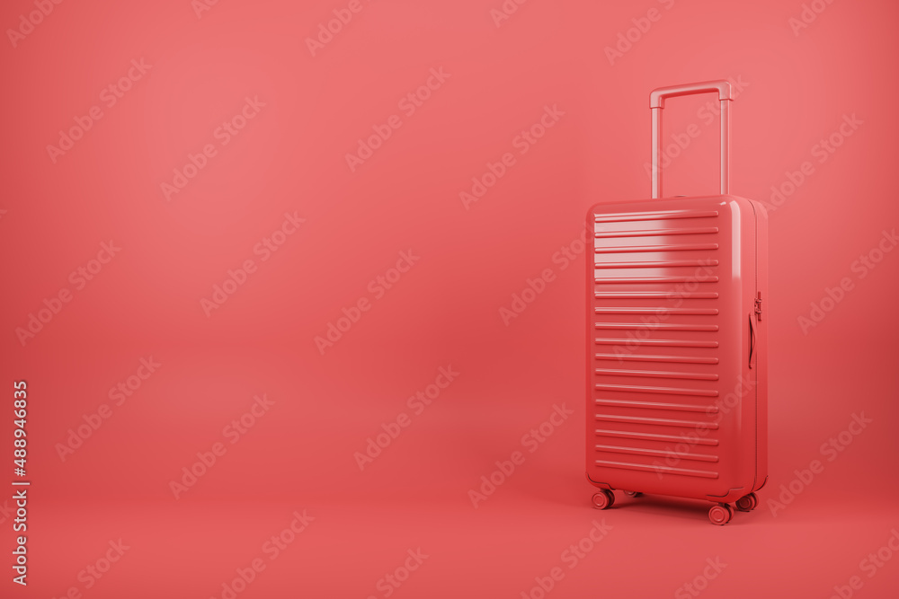 Abstract red suitcase background with mock up place. Travel and luggage concept. 3D Rendering.