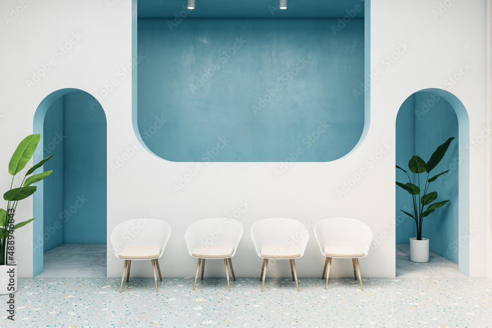 Modern blue concrete waiting area in interior with chairs and plant. 3D Rendering.