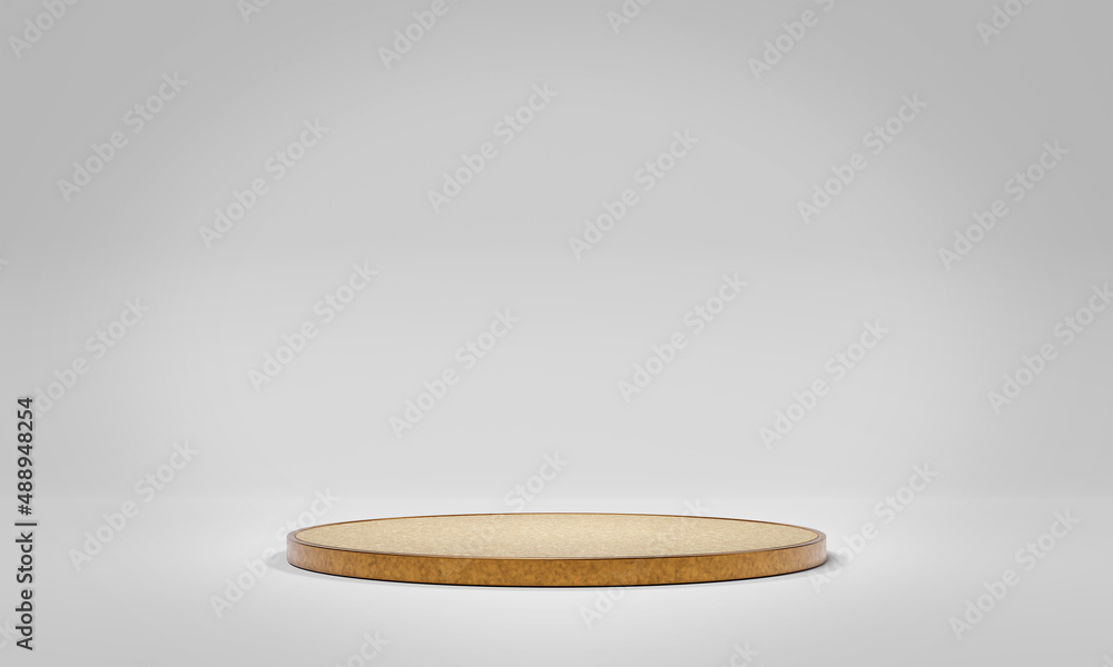 Copper and cork stage podium background. Mockup of empty circular platform on white. Abstract geomet