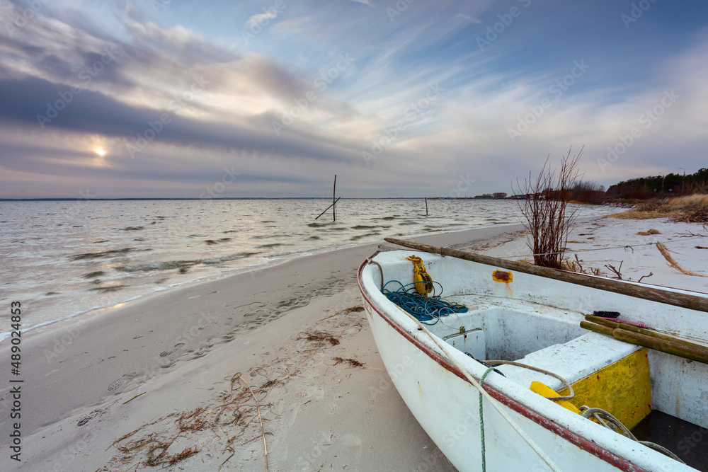 Beautiful beach of the Baltic Sea at sunset in Kuznica, Hel Peninsula. Poland