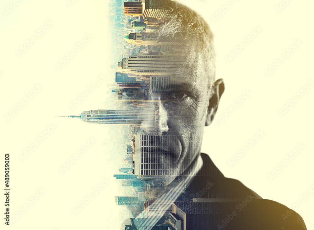 Hell turn this city on its head. Multiple exposure portrait of a corporate businessman superimposed 