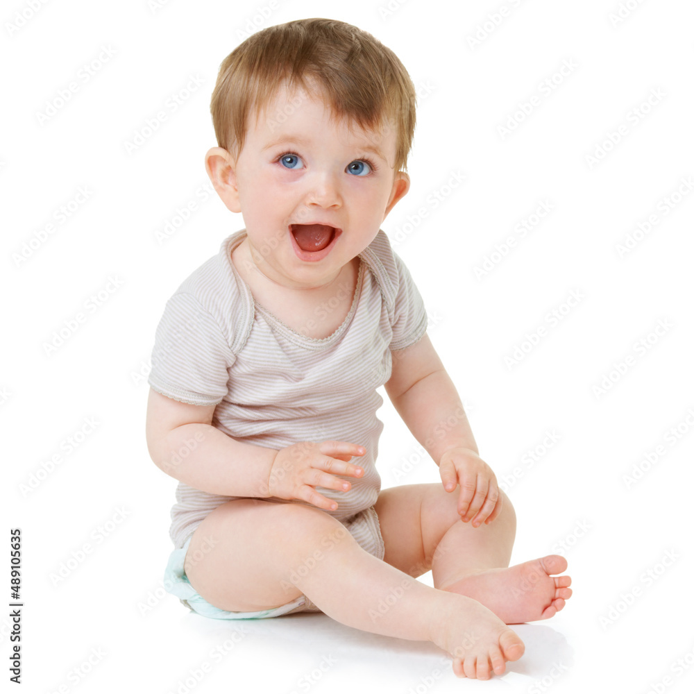 Baby laughter. An adorable baby sitting down and laughing isolated on white.