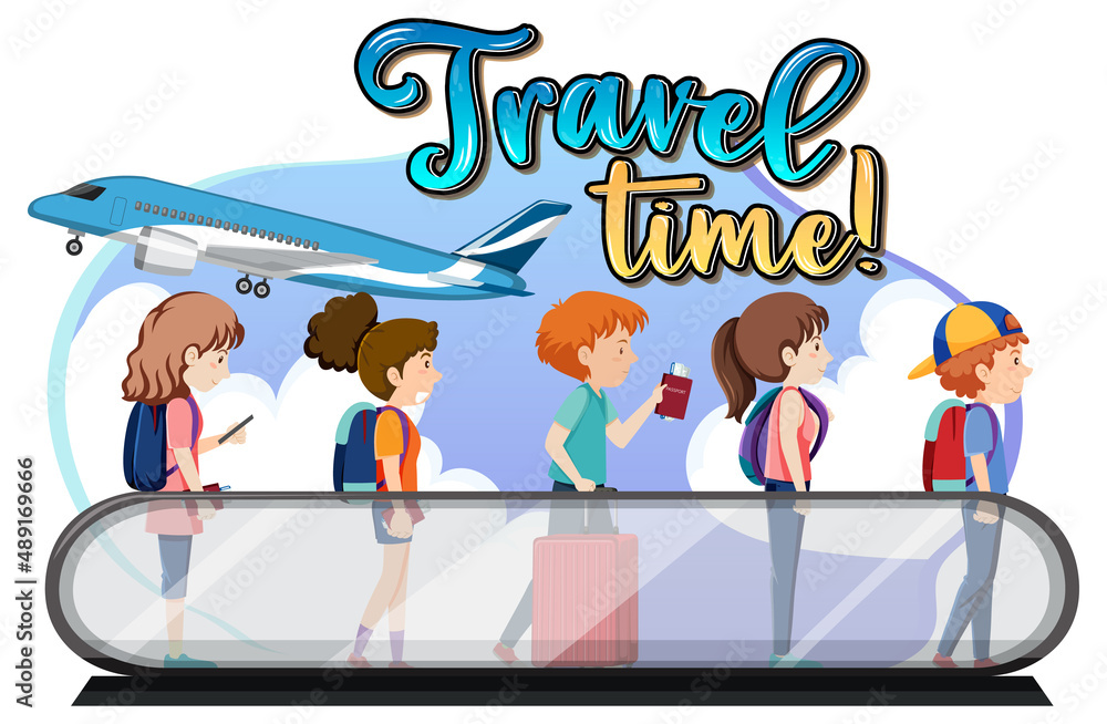 Travel Time typography logo with passengers on moving walkway