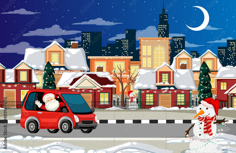 Santa Claus driving car in the town at night scene