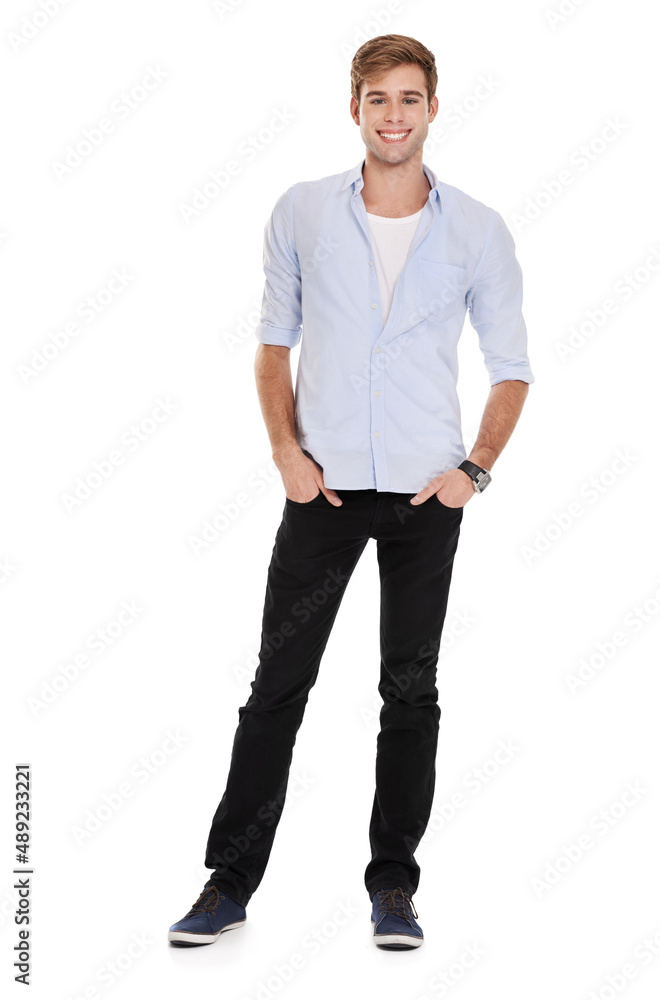 Confident and happy. Full length portrait of a handsome young man standing against a white backgroun