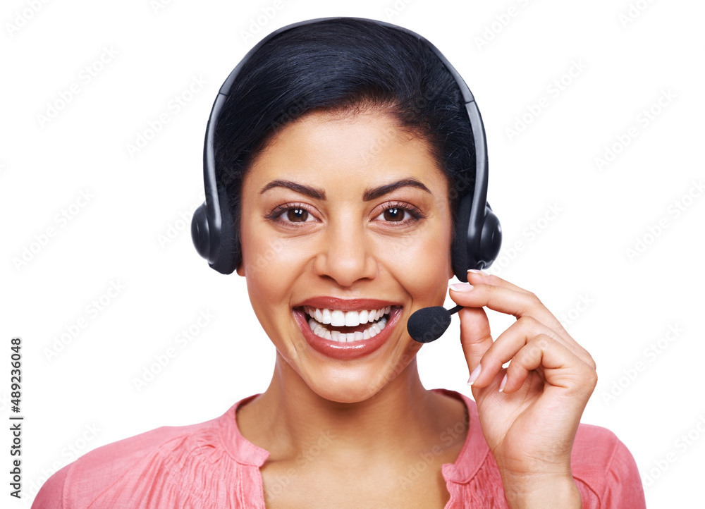 Beautiful woman with headphones smiling at you. A cheerful customer service agent smiling while isol