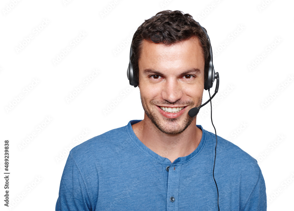 Ready to be of service. A casual male with a telecommunications headset on while smiling at the came