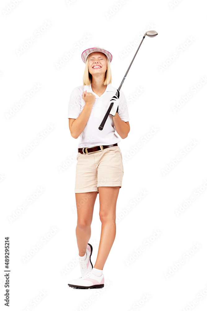 Yes I knew I could make that putt. Full length studio shot of an attractive female golfer celebratin