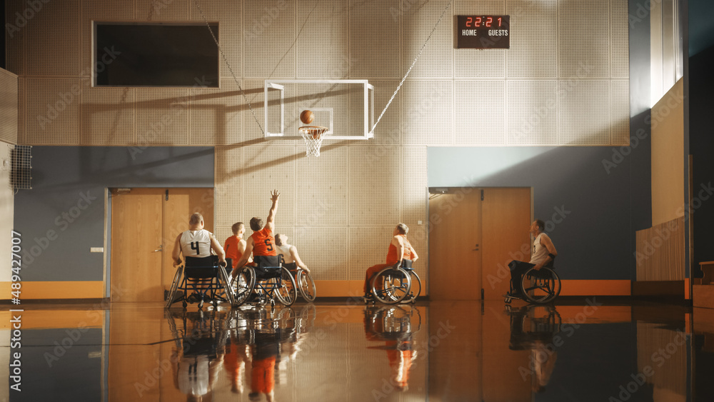 Wheelchair Basketball Game: Professional Players Competing, Dribbling Ball, Passing, Shooting it Suc