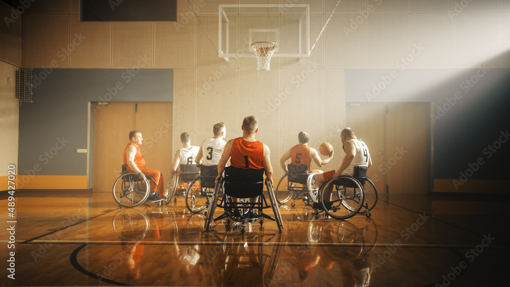 Wheelchair Basketball Game: Professional Players Competing, Dribbling Ball, Passing, Shooting it Suc