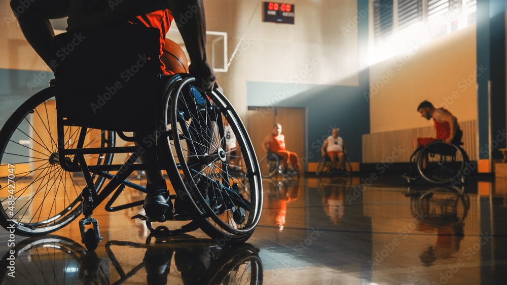 Wheelchair Basketball Game Court: Paraplegic Professional Players Competing. Determination, Inspirat