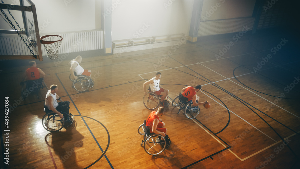 Wheelchair Basketball Game Court: Paraplegic Professional Players Competing, Passing, Shooting Ball.