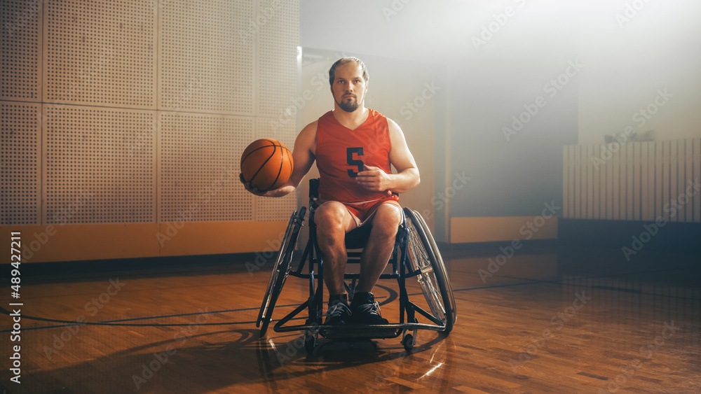 Portrait of Wheelchair Basketball Player Holding, Dribbling Ball, Training. Determination, Training,