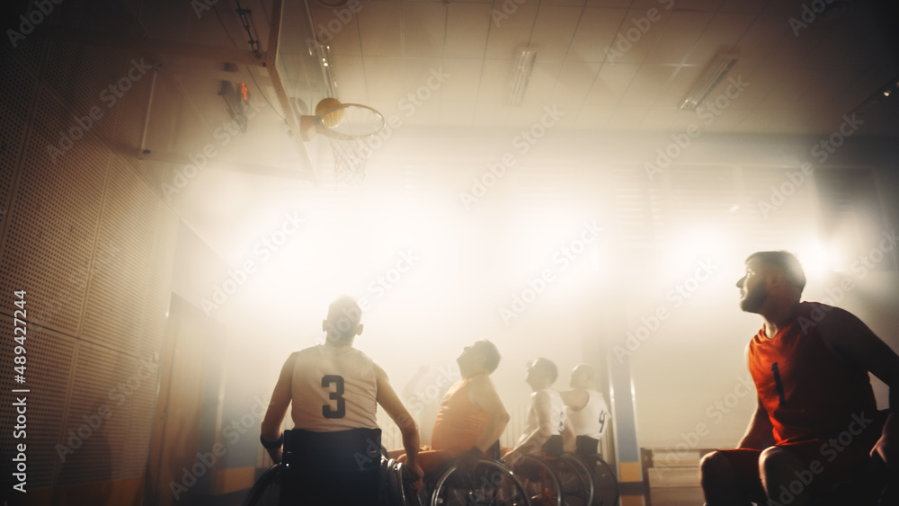 Wheelchair Basketball Game: Professional Players Competing, Passing, Shooting Ball Successfully, Sco