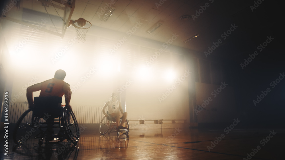 Wheelchair Basketball Game: Professional Players Competing, Passing, Shooting Ball Successfully, Sco