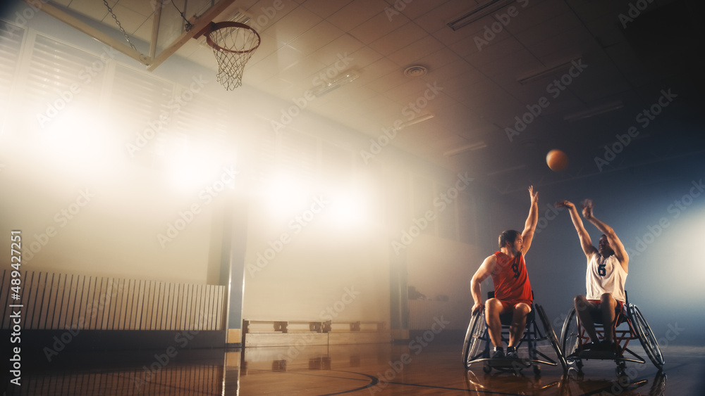 Wheelchair Basketball Game One on One: Professional Players Competing, Dribbling, Shooting the Ball.