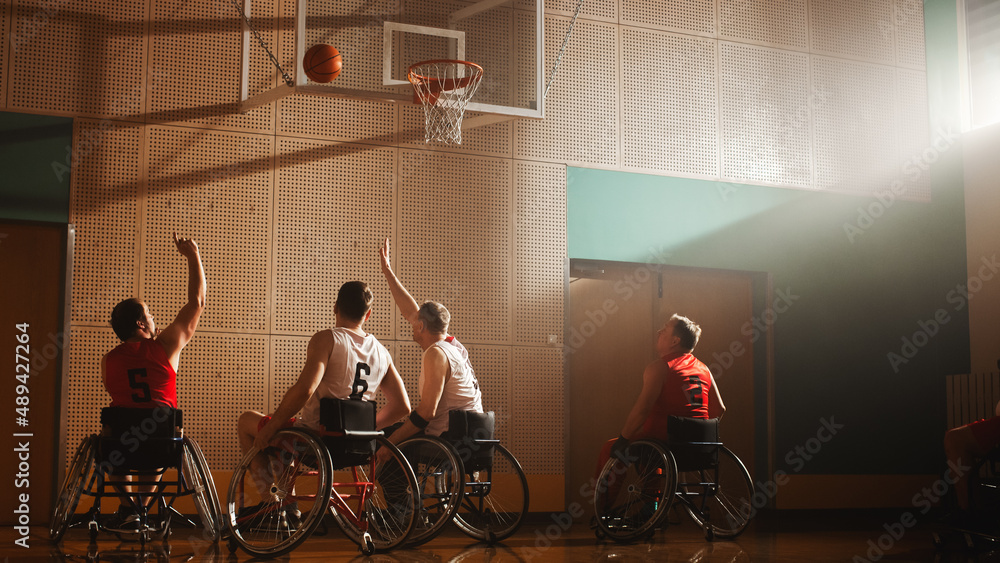 Wheelchair Basketball Game: Professional Players Competing, Dribbling Ball, Passing, Shooting it Suc