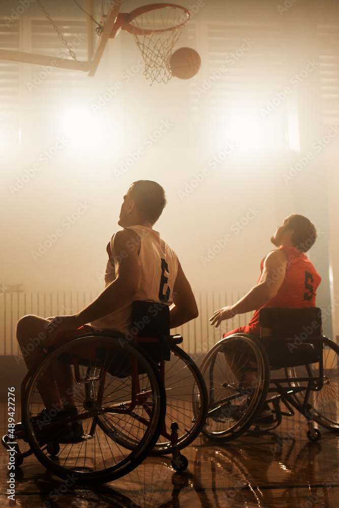 Wheelchair Basketball Game One on One: Professional Players Competing, Dribbling, Shooting the Ball,