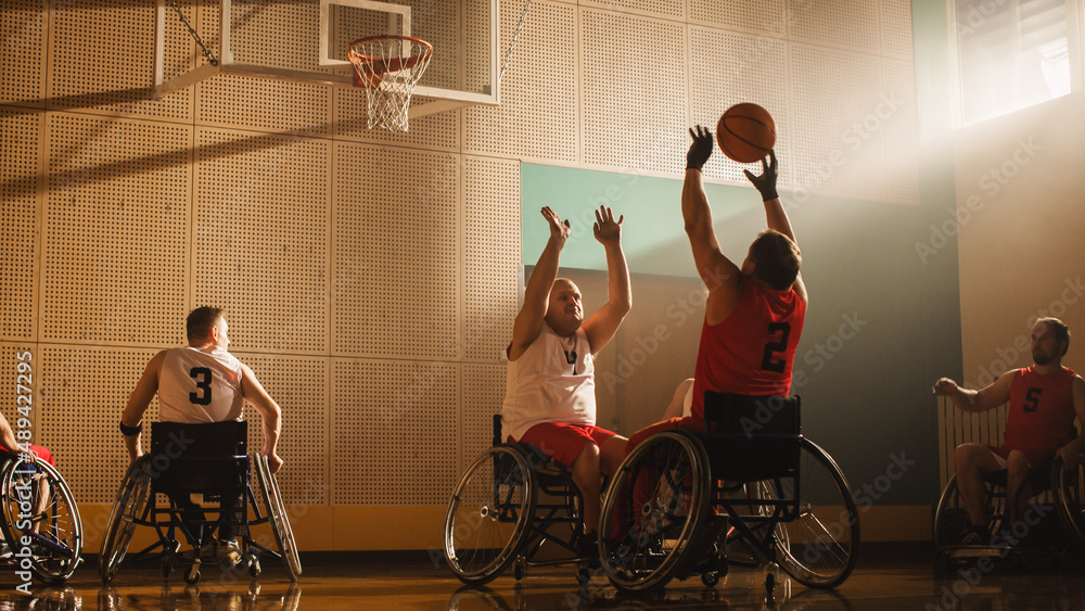 Wheelchair Basketball Game Court: Players Competing, Dribbling, Shooting it Successfully to Score Go