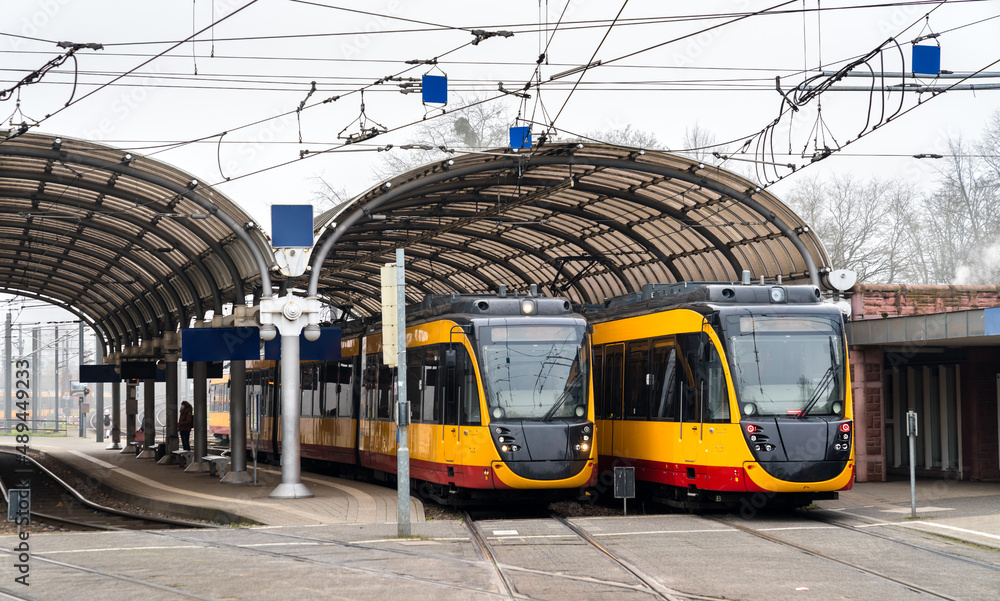 Tram-trains at Albtalbahnhof Station in Karlsruhe, Germany