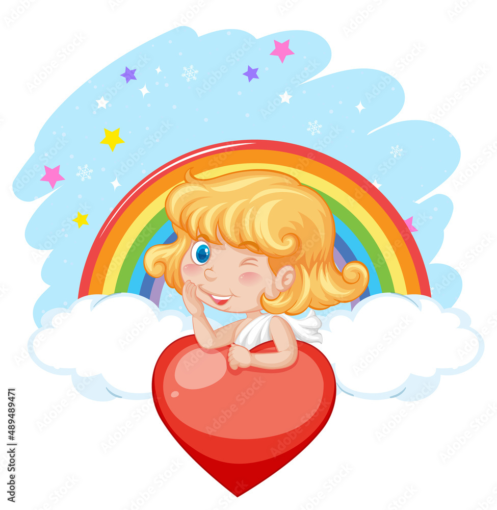 Angel girl holding red heart on rainbow background