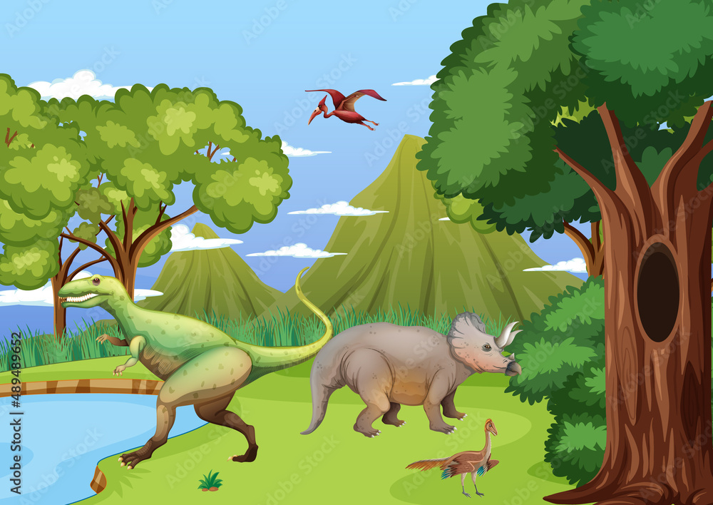 Dinosaur in prehistoric forest scene