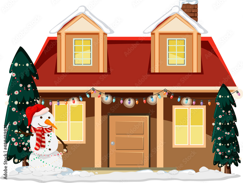 Snow covered house with a snowman and Christmas decorated trees