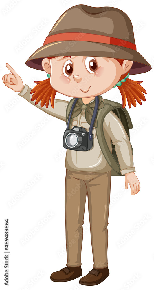 Little girl in camping outfit with camera and backpack