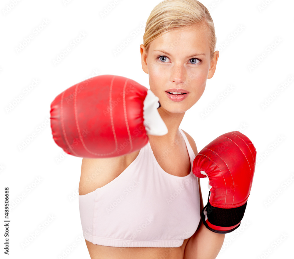 Float like a butterfly, sting like a bee. Shot of a beautiful female boxer.