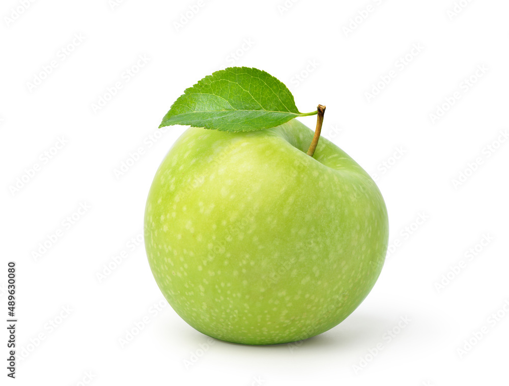 Green Apple with leaf isolated on white background. Clipping path.