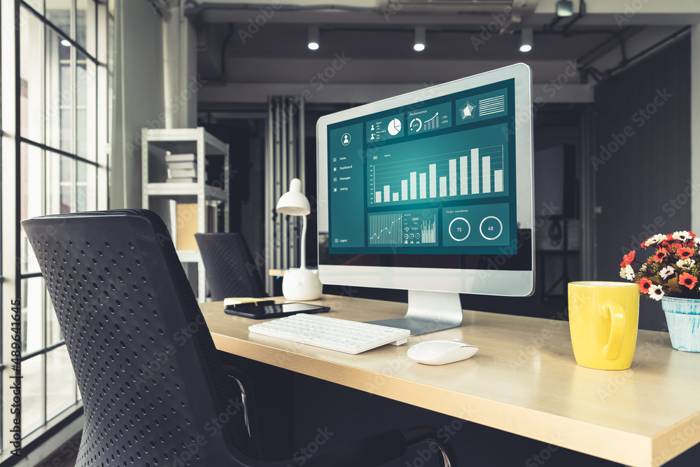 Business data dashboard analysis by ingenious computer software . Investment application display bus