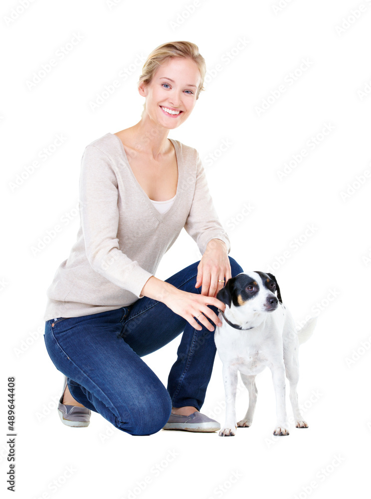 We take good care of each other. A gorgeous young woman kneeling next to her Jack Russell.