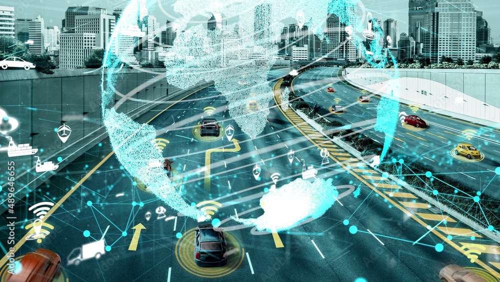 Smart transport technology concept for future car traffic on newish city road . Virtual intelligent 