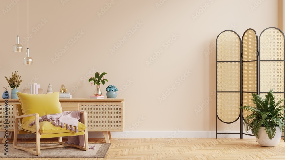 Living room interior wall mock up with yellow armchair on empty cream color wall background.