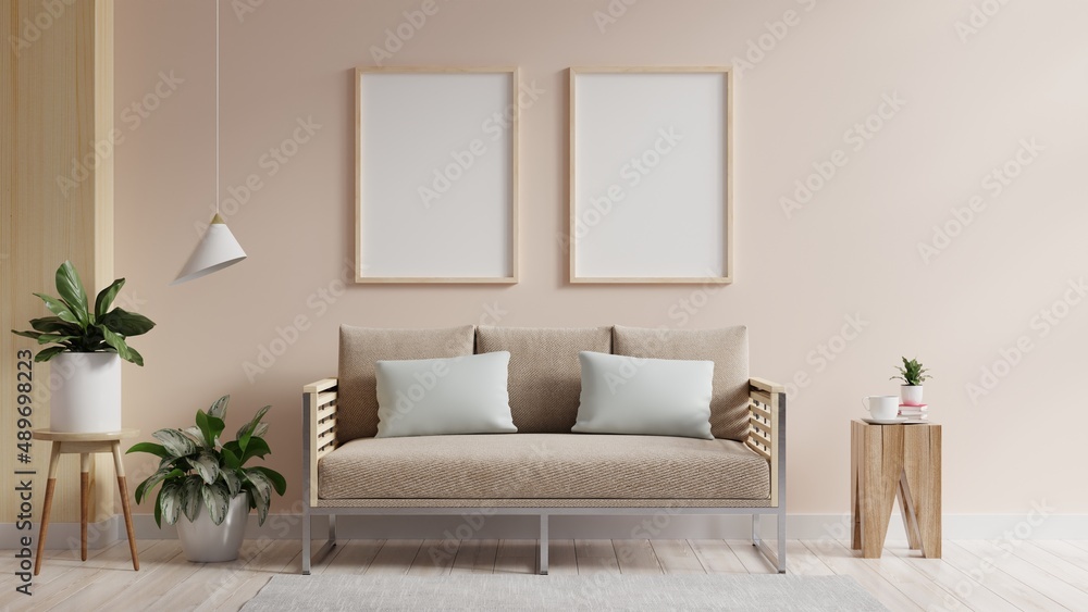 Mock up frame posters in scandinavian style living room.