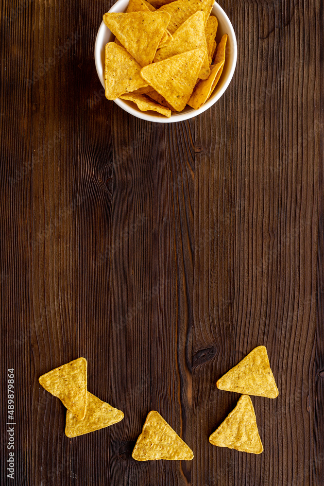 Tortilla nachos chips in bowl. Mexican food background