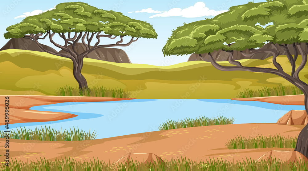 Savanna forest landscape with lake