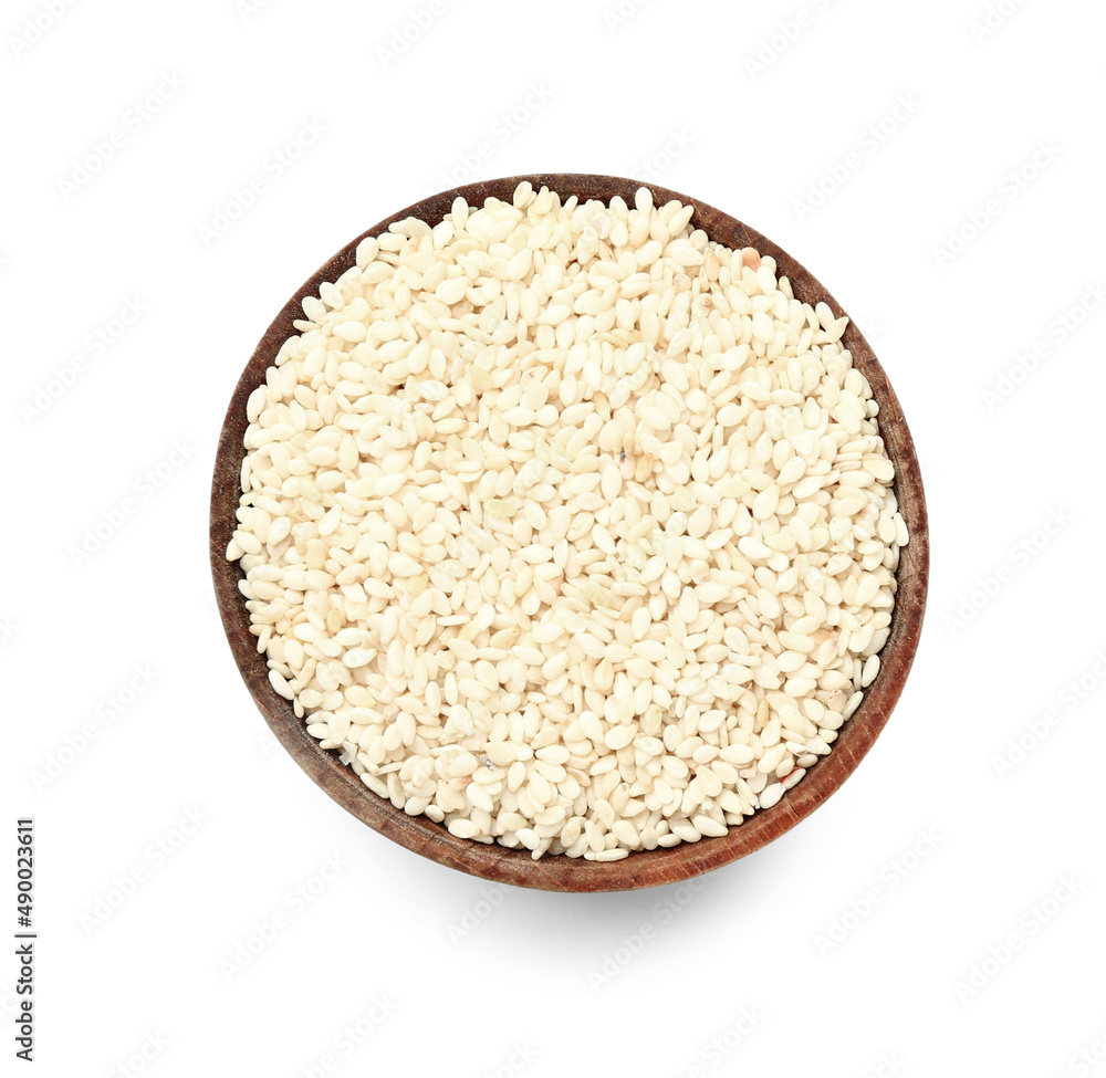 Bowl of sesame seeds isolated on white background