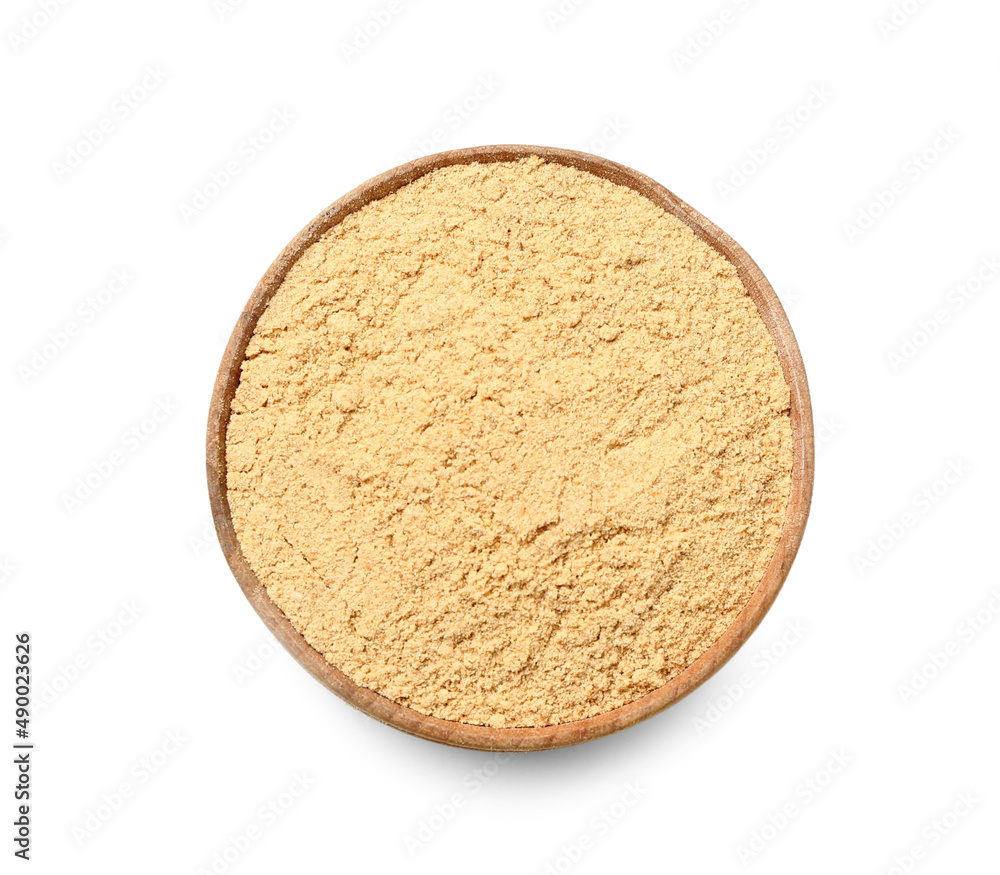 Bowl of ginger powder isolated on white background