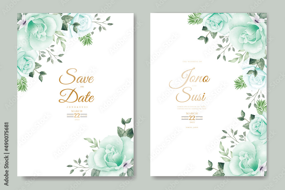 Wedding invitation card with floral leaves watercolor