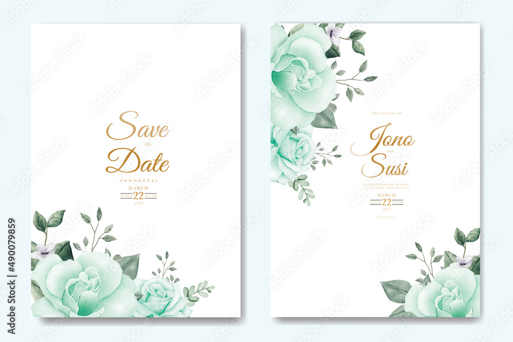 Wedding invitation card with floral leaves watercolor