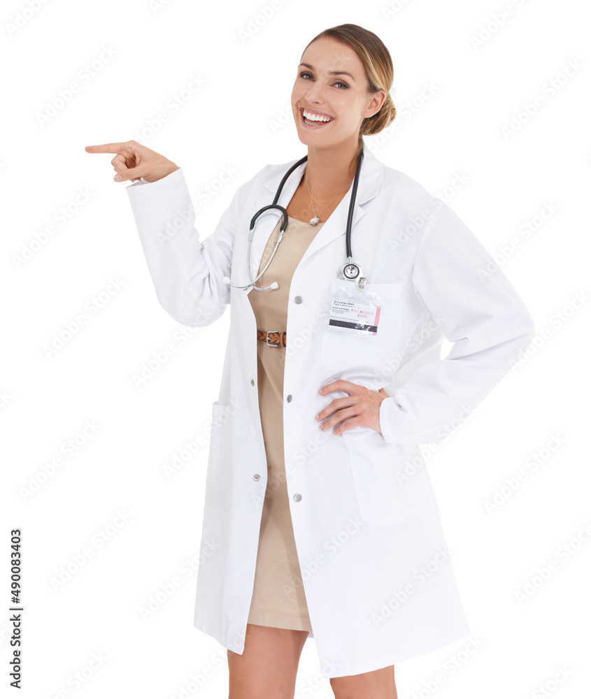 Heres what your doctor recommends.... A happy doctor gesturing towards the side - copyspace.