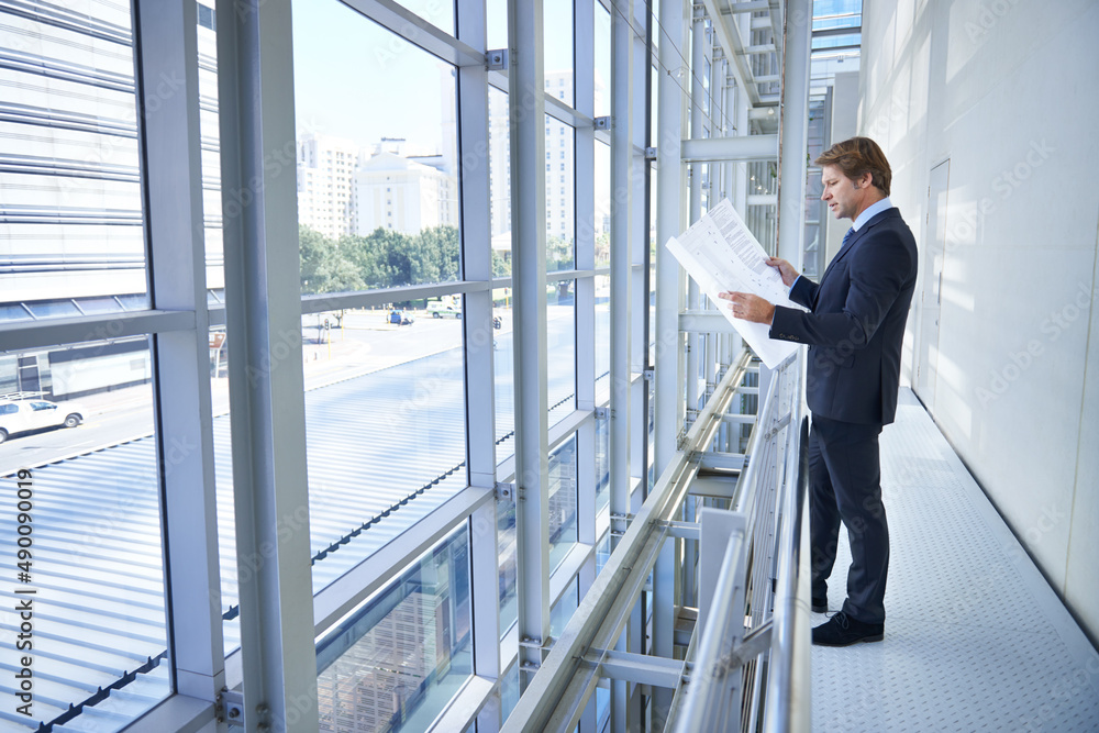 Ready to build his empire. Shot of a mature businessman looking at blueprints while standing near a 