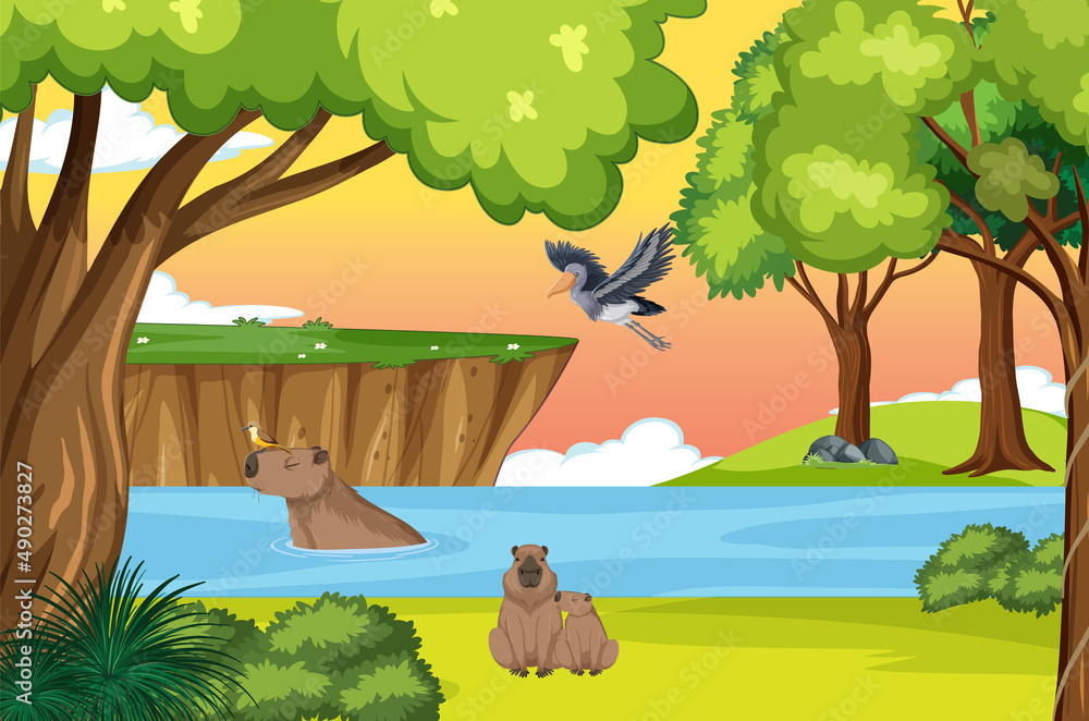 Scene with wombats and bird by the lake