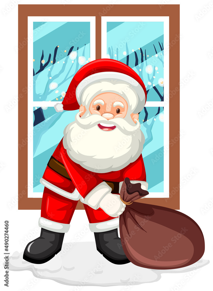 Santa with bag by the window