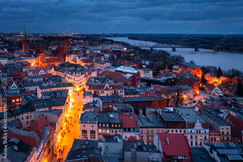 Architecture of the old town in Torun at dusk, Poland.