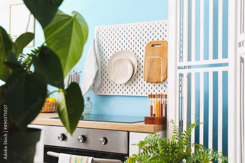 Pegboard with utensils, modern furniture and houseplants in kitchen