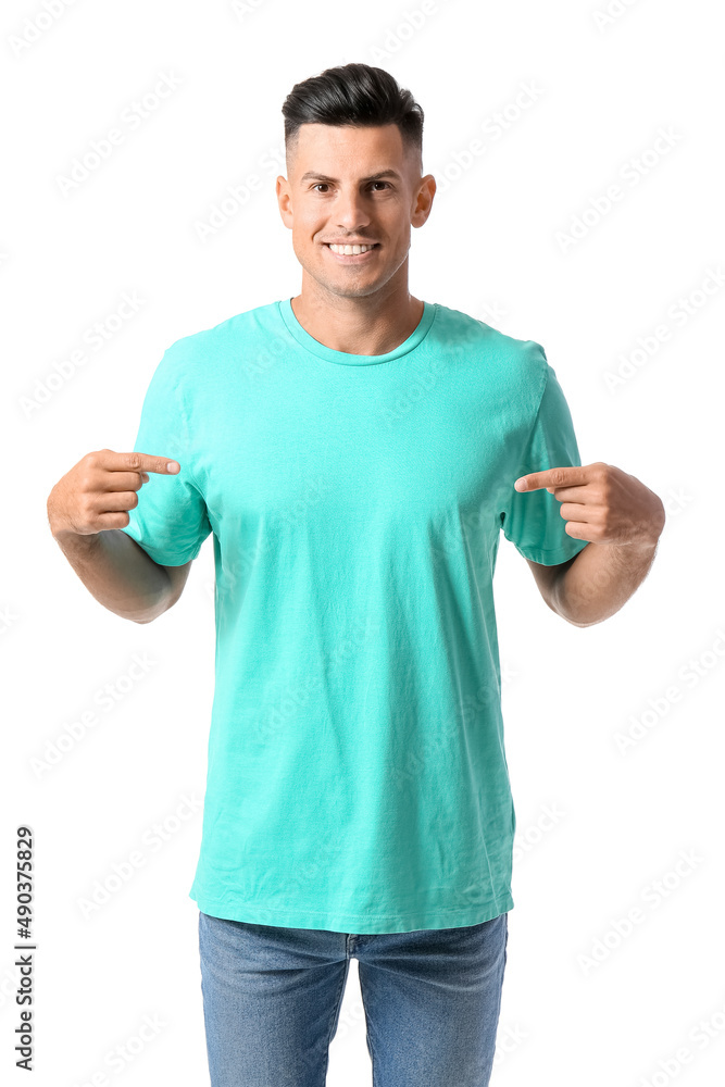 Handsome young man in stylish t-shirt isolated on white