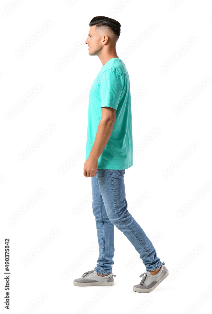 Handsome young man in stylish t-shirt isolated on white