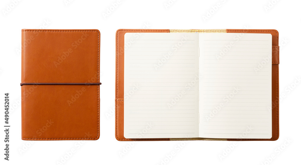 A leather notebook placed against a white background. The notebook closed and open.